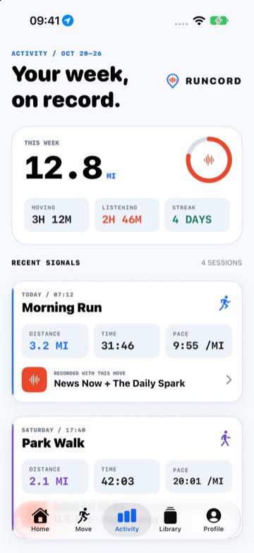 Runcord activity history screen with run distance, time, and listening record